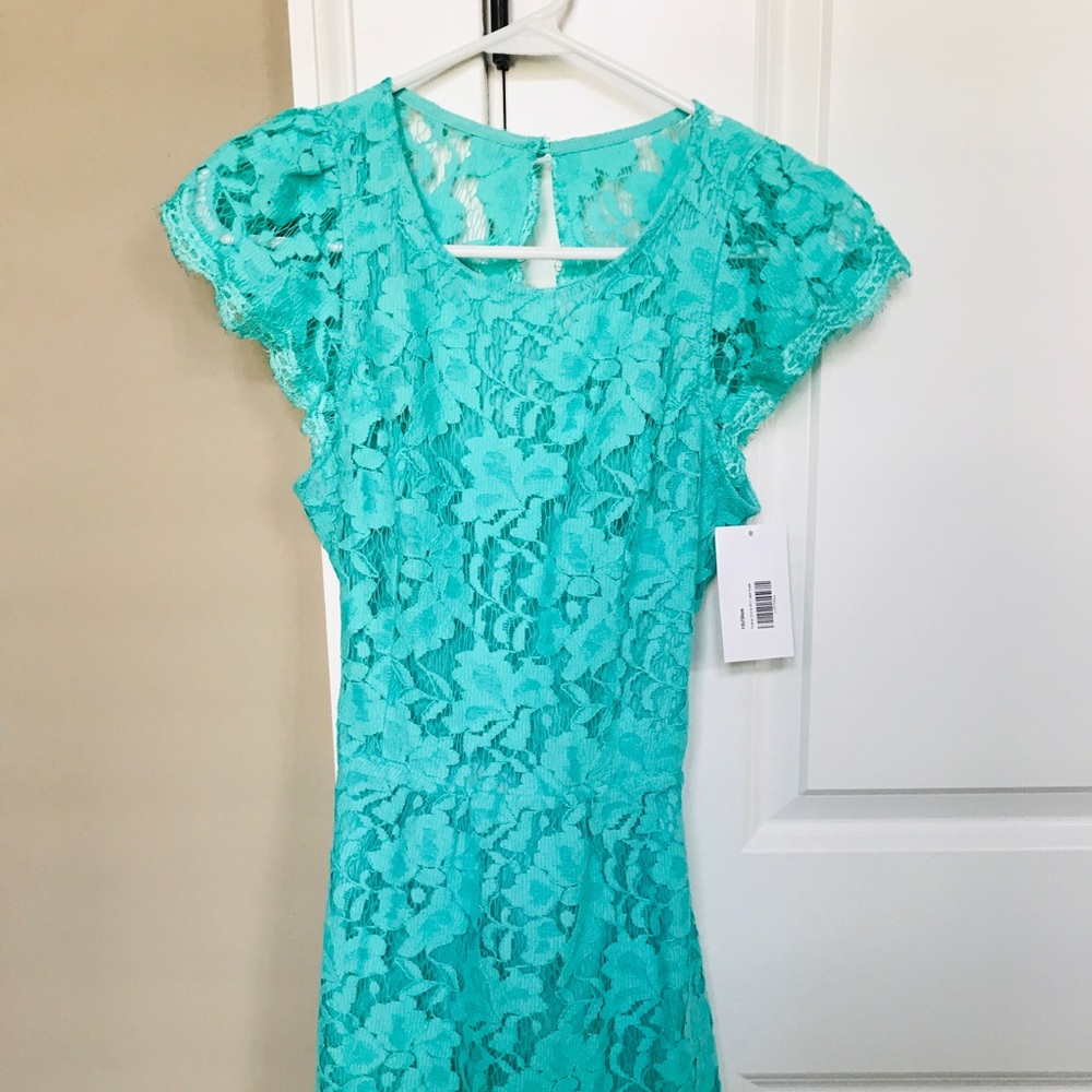 Turquoise Lace Dress with Cutout Back